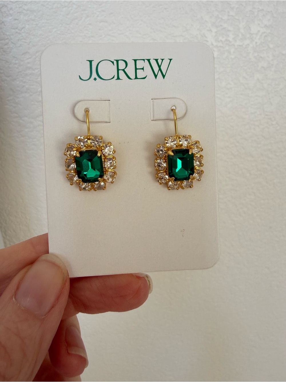 J. Crew Gold-Tone Earrings with Emerald Green and Clear Crystal Halo - Picture 4 of 5